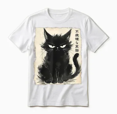 Grumpy Black Cat Neko Vintage Japanische Kunst Anime Kawaii Unisex T-Shirt - White