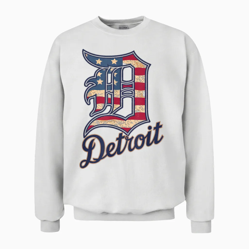 Nate Willis Detroit American Flag Old English D T-Shirt - Men's Black Small Modern Classic Letter Print Short Sleeve Unisex Sweatshirt in White
