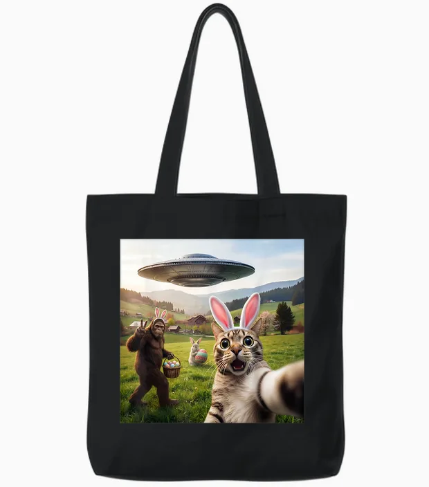 Lustiges Katzen-Selfie Mit Osterhase Bigfoot Ufo Fßr Männer Frauen Tote Bags in Black