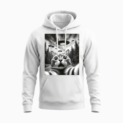 Alien Ufo Cat Selfie Funny Cat with Ufo T-Shirt, Black Unisex Hoodie - White