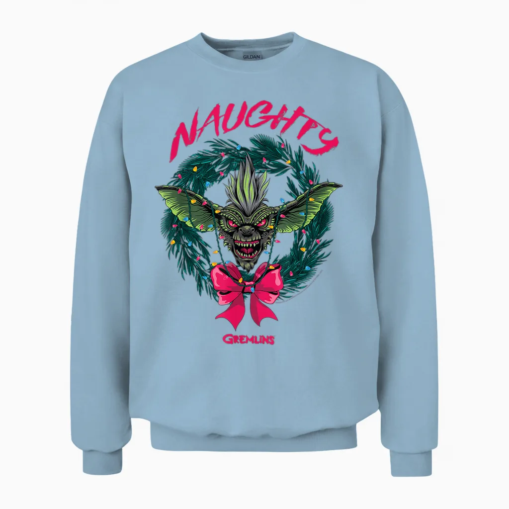 Gremlins Naughty Gremlin Wreath Retro Holiday Movie Unisex Sweatshirt in Light Blue