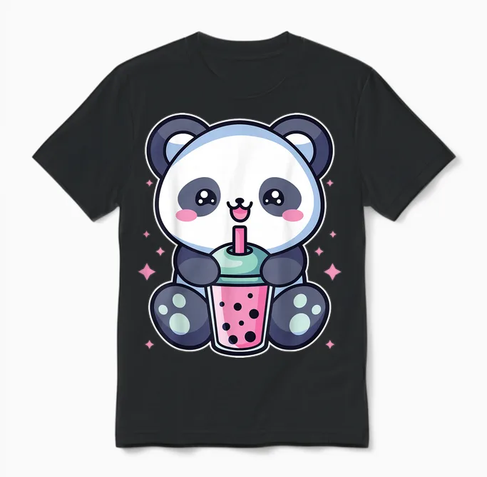 Panda Drinks Bubble Boba Tea Anime Manga Kawaii Outfit for Girls T-Shirt, White, S Unisex T-Shirt in Black