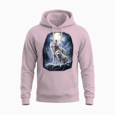 2 Wölfe Auf Eisigem Hügel in Den Bergen Vor Dem Mond Unisex Hoodie - Light Pink