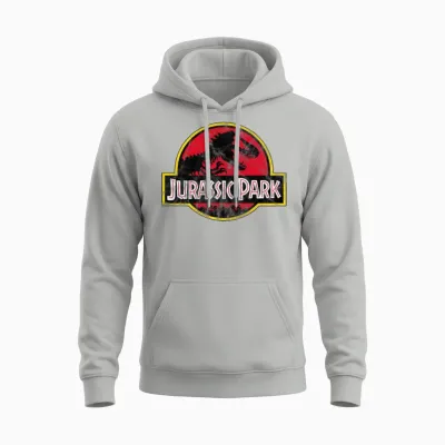 Jurassic Park Classic Logo in Red with T-Rex Unisex Hoodie - Ash