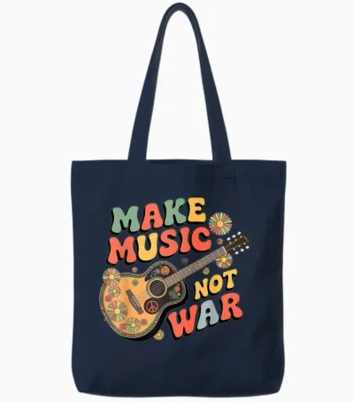 "make Music Not War" Retro Boho Gitarre Peace Symbol Groovy Tote Bags - Navy