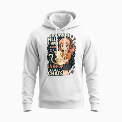 Girl K-Pop and Cats Manga Humor Music Cute T-Shirt, Black, S Unisex Hoodie - White