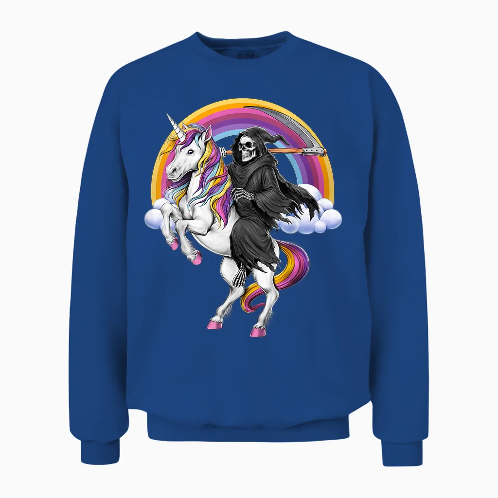 Skeleton Large Grim Reaper Riding Unicorn Halloween Unisex Sweatshirt in Royal