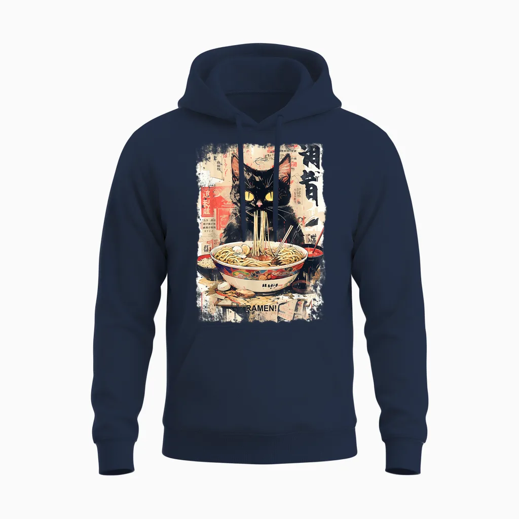 Cat Ramen Noodle Japanese Anime Manga Ramen Kawaii Cat T-Shirt, Black Unisex Hoodie in Navy