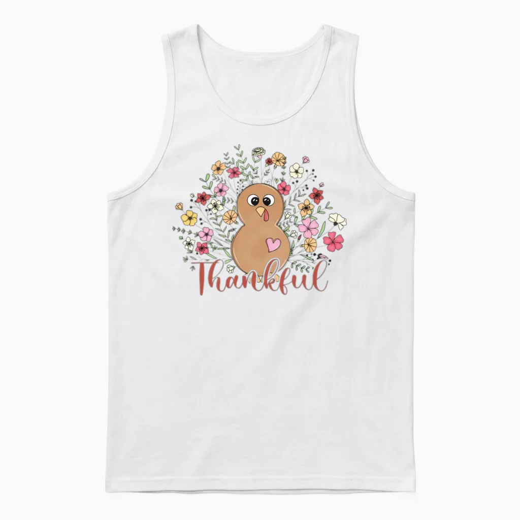 Thankful Floral Turkey Natural Cute Thanksgiving Unisex Tank Top in White