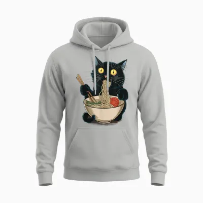 Funny Japanese Cat Eating Ramen Vintage Japanese Noodles Unisex Hoodie - Ash