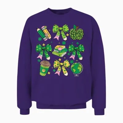 St Patrick's Day Lucky Teacher Shamrock Coquette Bow Pencil Unisex Sweatshirt - Purple