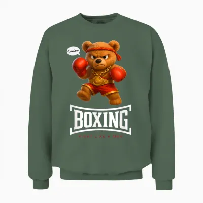 Cool Teddy Bear Man Boxing Fight Style Illustration Graphic Unisex Sweatshirt - Military Green