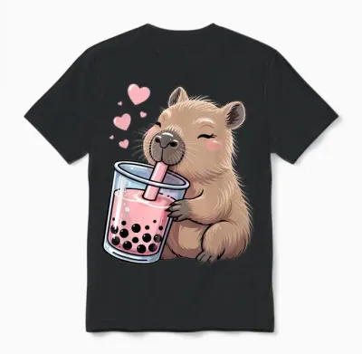 Kawaii Capybara Drink Bubble Tea Lover Girls Unisex T-Shirt - Black