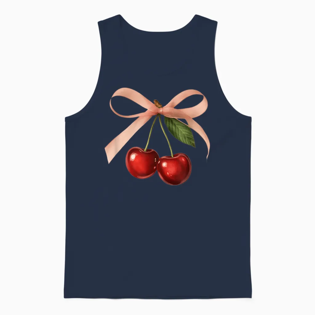 Coquette Cherries with Pink Bow | Aesthetic Theme Cherry Unisex Tank Top in Navy