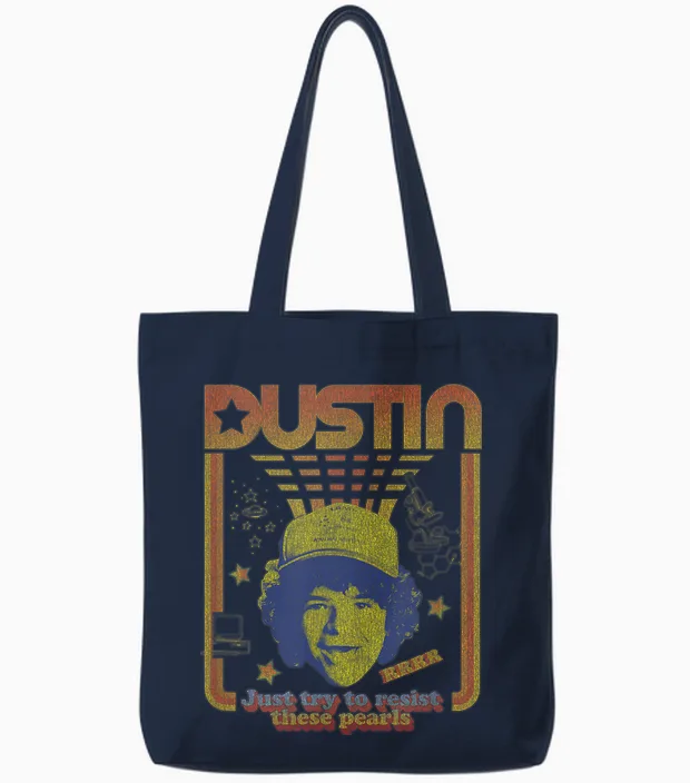Stranger Things Dustin Floating Head Resist the Pearls Star Tote Bags in Navy