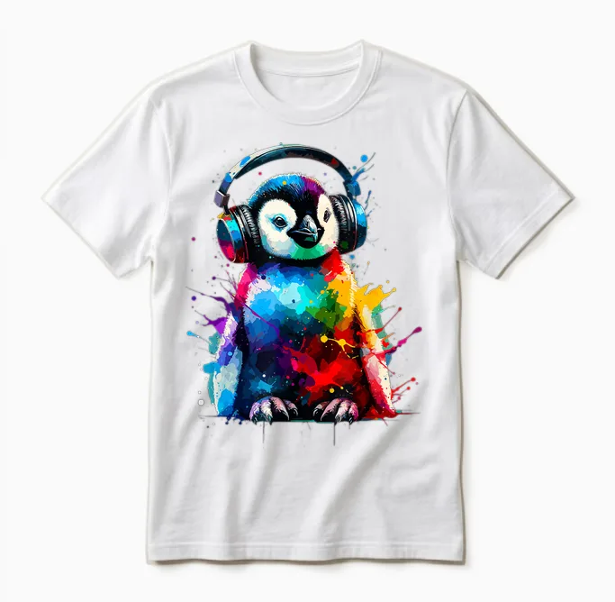 Colorful Splash Art Penguin Headphones Penguins T-Shirt, Black Unisex T-Shirt in White