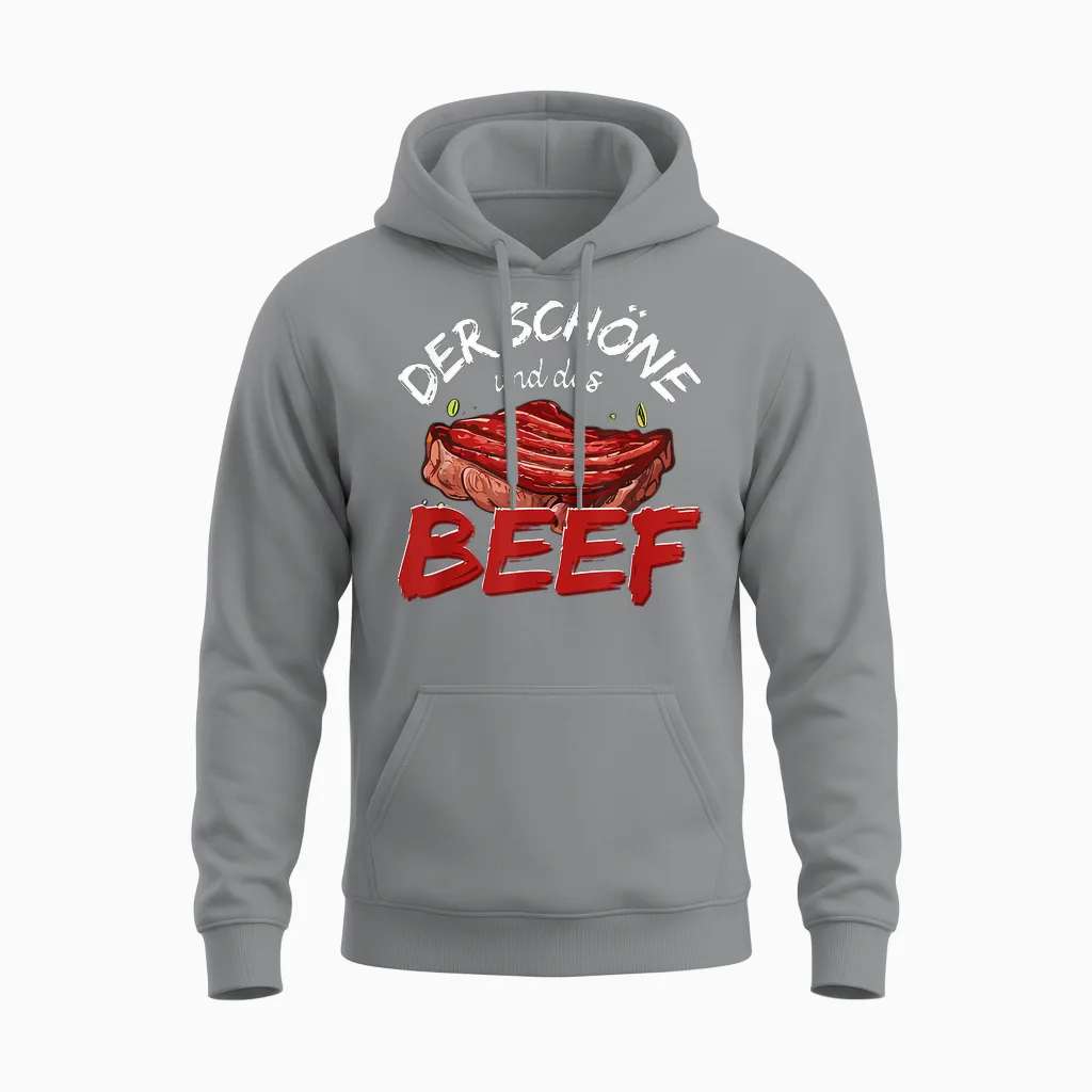 T-Shirt with German Text "der Schöne Und Das Beef Grillen" [german Language, Black Unisex Hoodie in Sport Grey