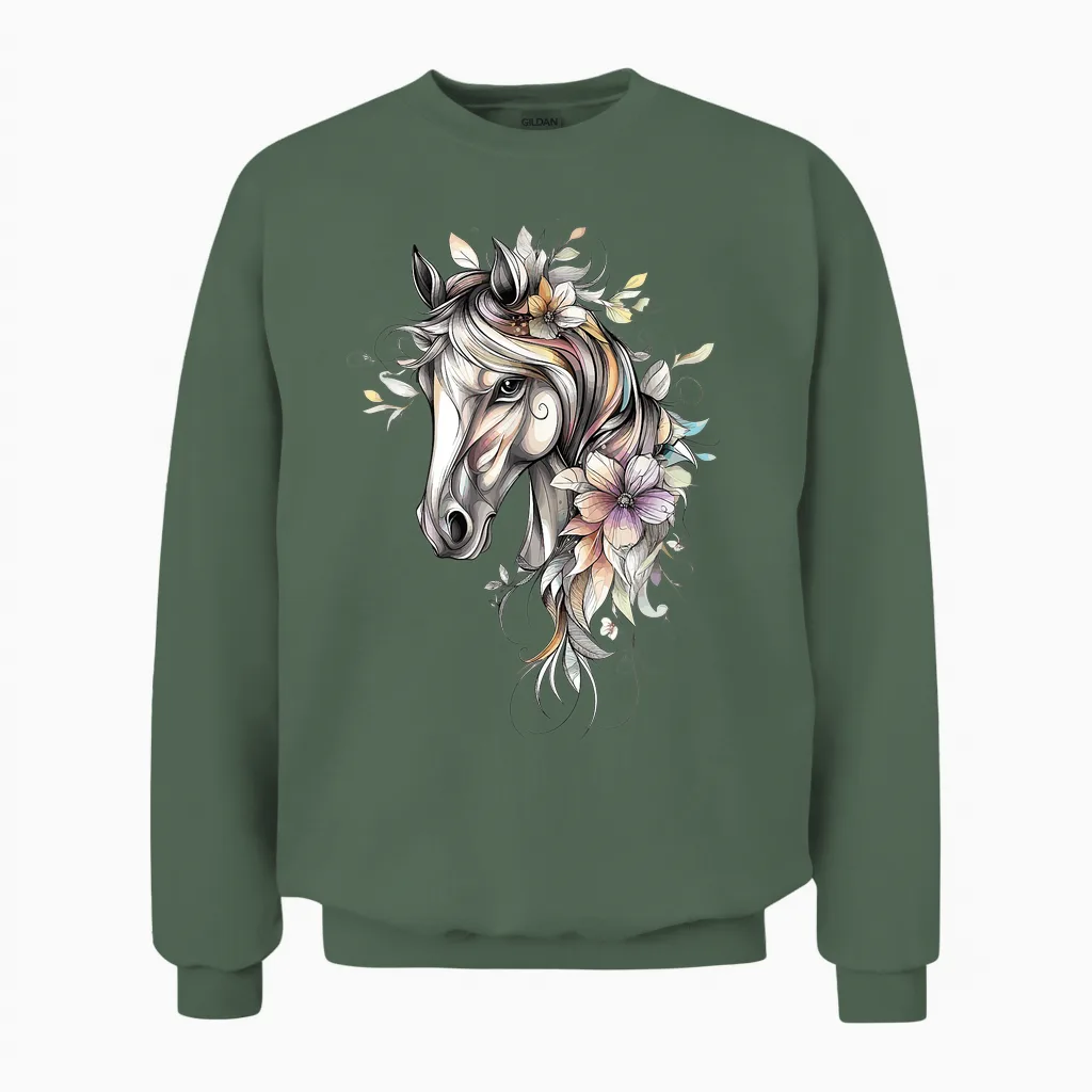 TĂȘte De Cheval Et Fleurs - Chevaux Unisex Sweatshirt in Military Green