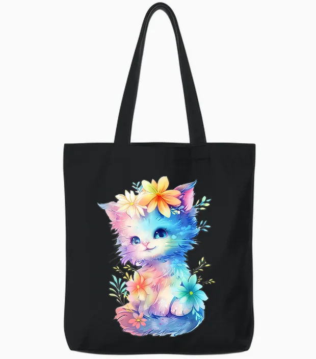 Baby Cat with Flowers Cute Cats Kitten Girls Daughter T-Shirt, White Tote Bags in Black