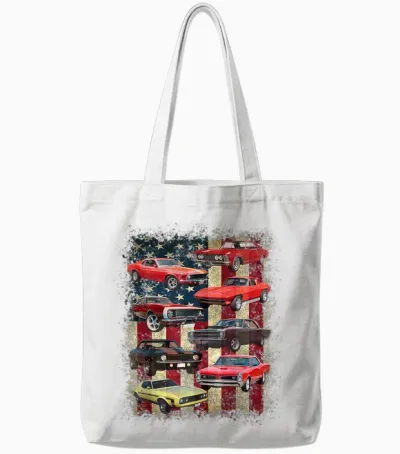 Vintage Classic Muscle Car Retro American Flag Patriotic Tote Bags - White