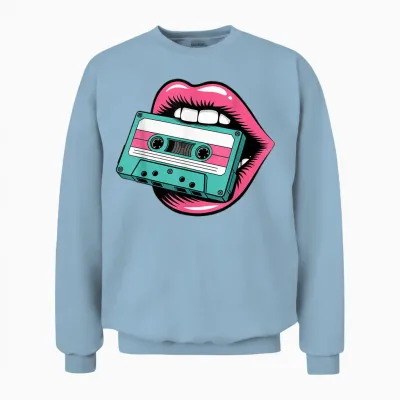 Nostalgic Vibes of the 80s and 90s: Vibrant Lips, Cassette Unisex Sweatshirt - Light Blue