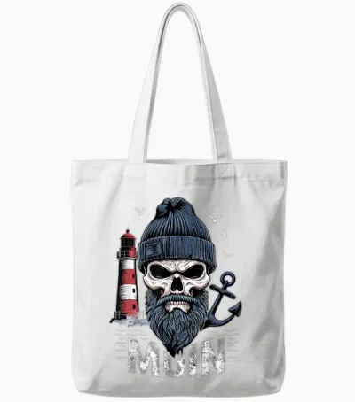 Moin Skull Lighthouse Moin North German Coastal Motif T-Shirt, Black, S Tote Bags - White