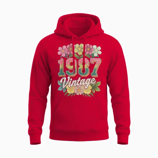 Vintage 1987 Retro Born Flowers, Birthday, Girl, Women's T-Shirt, Black, S Unisex Hoodie in Red