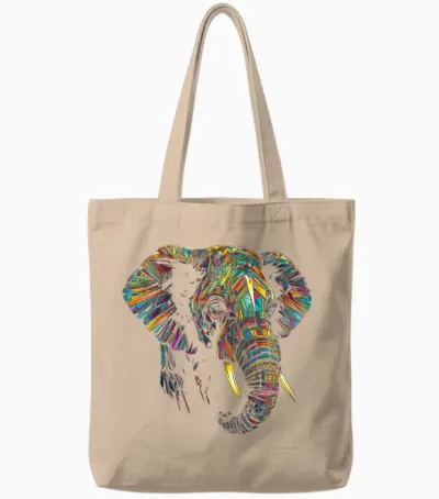 Elephant T-Shirt with Colourful Animal Design, Black Tote Bags - Natural