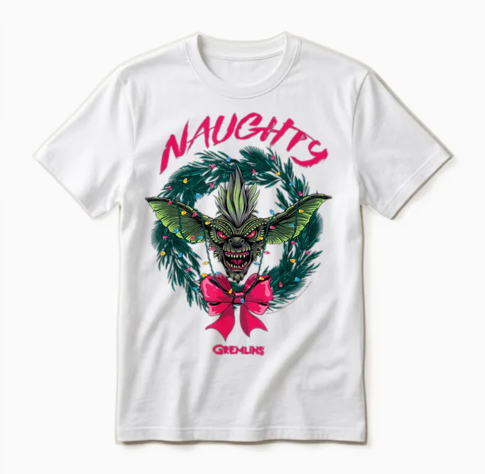 Gremlins Naughty Gremlin Wreath Retro Holiday Movie Unisex T-Shirt in White