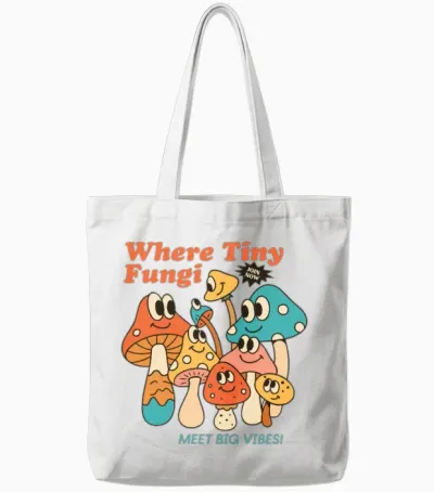 Cheerful Retro Mushrooms Tote Bags - White