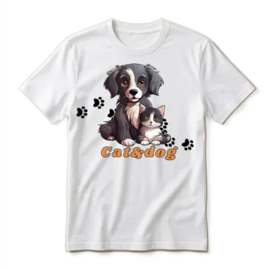 Cute Gray Cat and Dog Wit Each Other Unisex T-Shirt - White