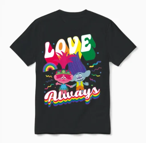 Trolls Love Always Rainbow Colours Unisex T-Shirt in Black