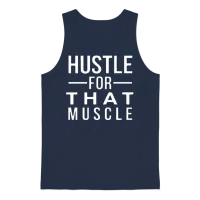 Hustle for That Muscle Funny Workout Unisex Tank Top - Navy – 1