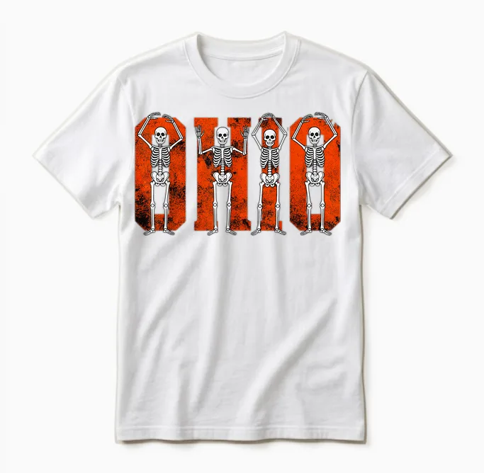 O-H-I-O State Funny Skeletons Ohio Vintage Halloween Team Unisex T-Shirt in White
