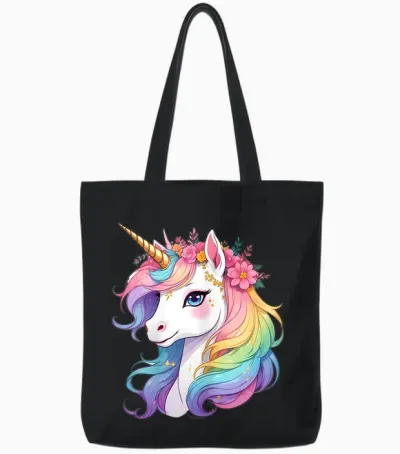 Cute Unicorn with Rainbow Flowers Mane Unicorn Tote Bags - Black