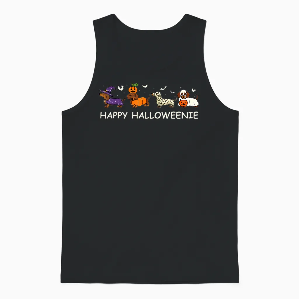 Weiner Dog Witch Happy Halloweenie Cute Halloween Dachshund Unisex Tank Top in Black