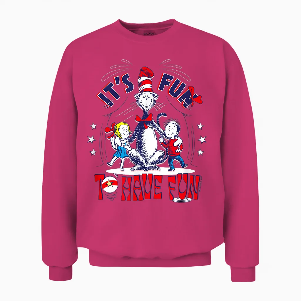 Dr. Seuss Cat in the Hat Fun to Have Fun Officially Licensed Unisex Sweatshirt in Heliconia