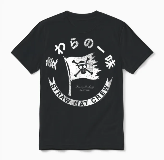 One Piece Anime Straw Hat Crew Flag with Kanji Unisex T-Shirt in Black