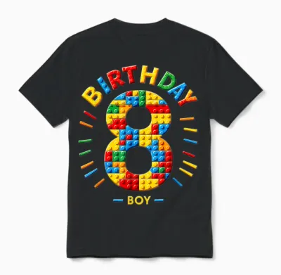 Master Builder 8th Birthday Boy 8 Eight Years Building Blocks T-Shirt, Black Unisex T-Shirt - Black