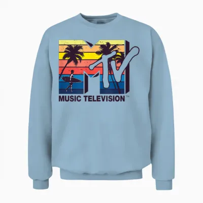 Mademark X Mtv - the Official Mtv Logo with Vintage Surfer and Palms Unisex Sweatshirt - Light Blue