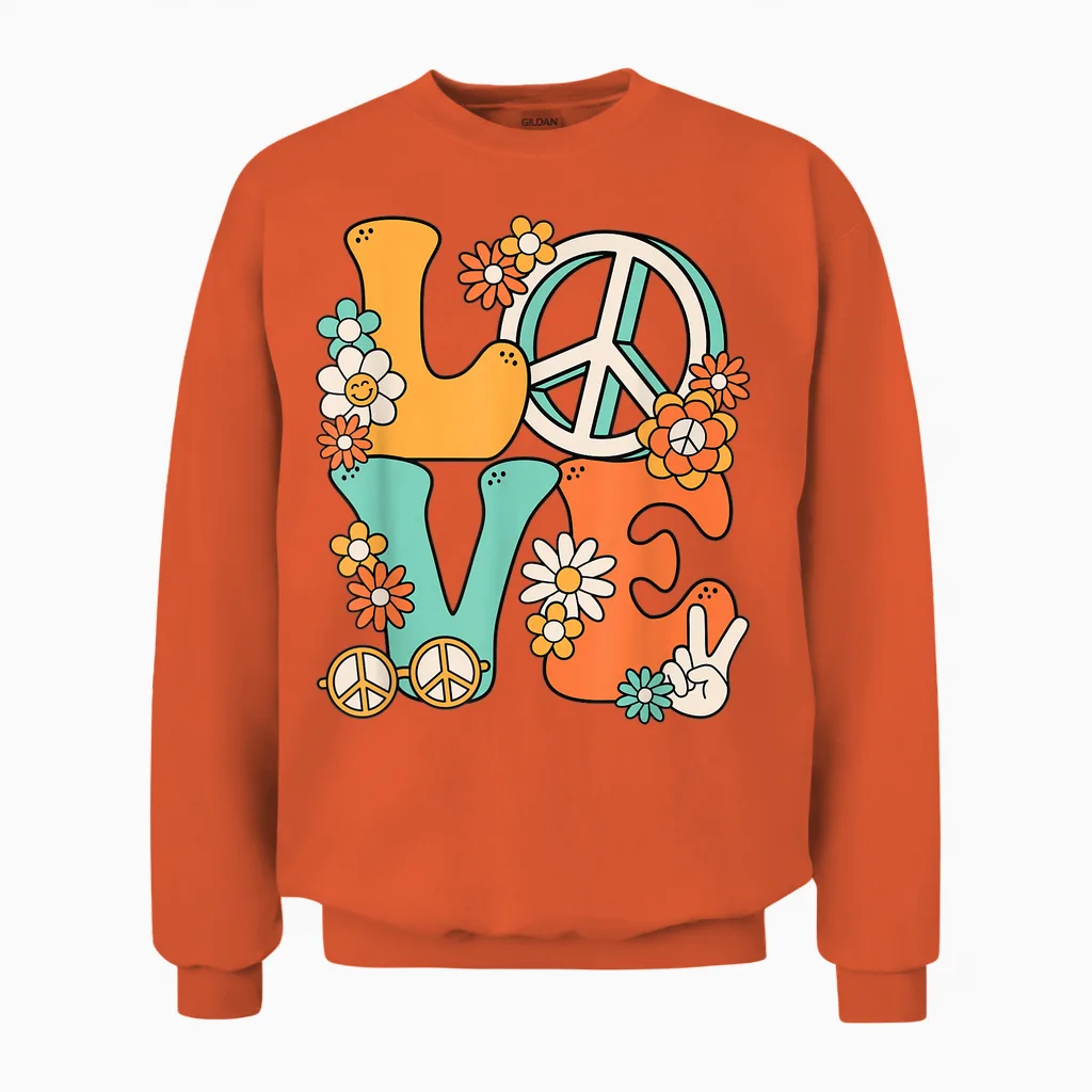 60s 70s Hippie Love Peace Groovy Party Outfit Retro T-Shirt, Black Unisex Sweatshirt in Orange