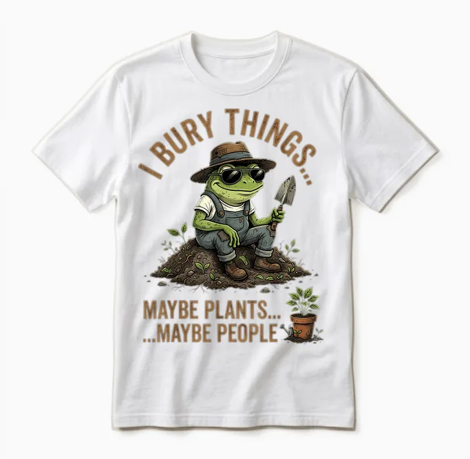 J'enterre Des Choses, Peut-être Des Plantes, Peut-être Des Gens, Une Grenouille Drôle Unisex T-Shirt in White