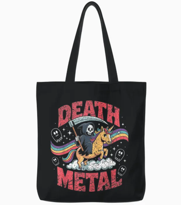 Death Metal Music Reaper Unicorn Rainbow Fun T-Shirt, Black, S Tote Bags in Black