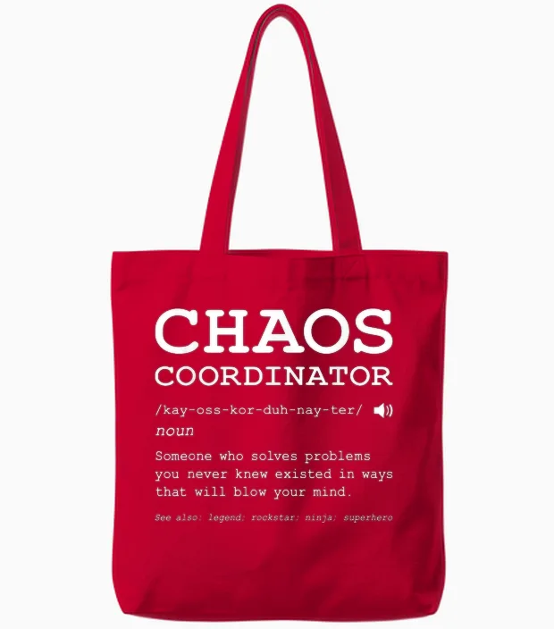 Funny Chaos Coordinator Definition Mom Dad Boss Teacher T-Shirt, Black, S Tote Bags in Red
