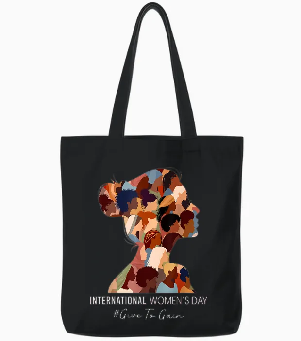 International Women's Day 2026 Give to Gain 8 March Support Tote Bags in Black