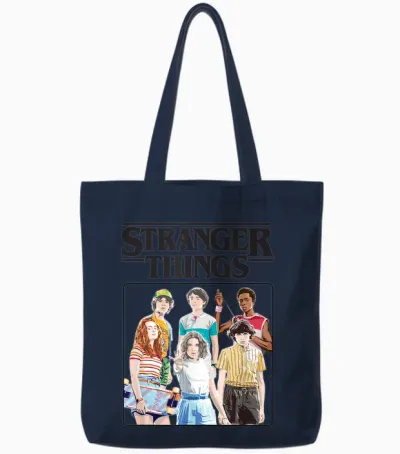 Stranger Things Vintage Eighties Retro Group Shot Title Logo Tote Bags - Navy