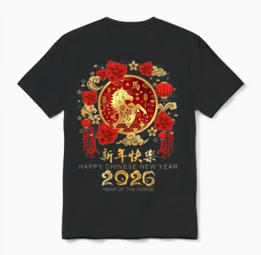 Year of the Horse 2026 Lunar New Year 2026 Chinese Unisex T-Shirt in Black