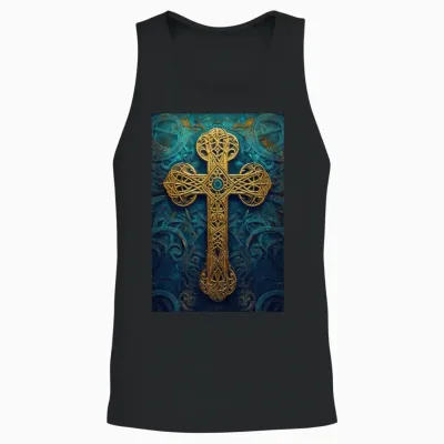 Ornate Golden Celtic Cross Unisex Tank Top - Black