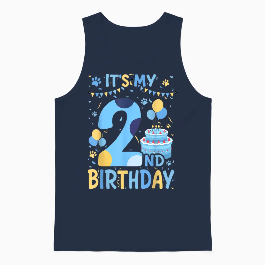 2nd Birthday Boy Blue Dog Theme Party Two Cool 2 Year Old Unisex Tank Top in Navy