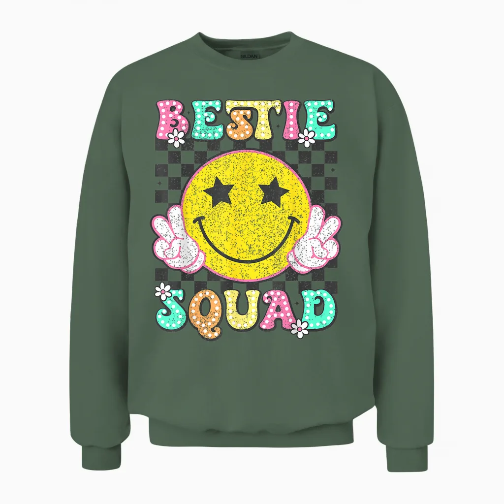 Groovy Bestie Squad Best Friends Matching Girls Boys Unisex Sweatshirt in Military Green